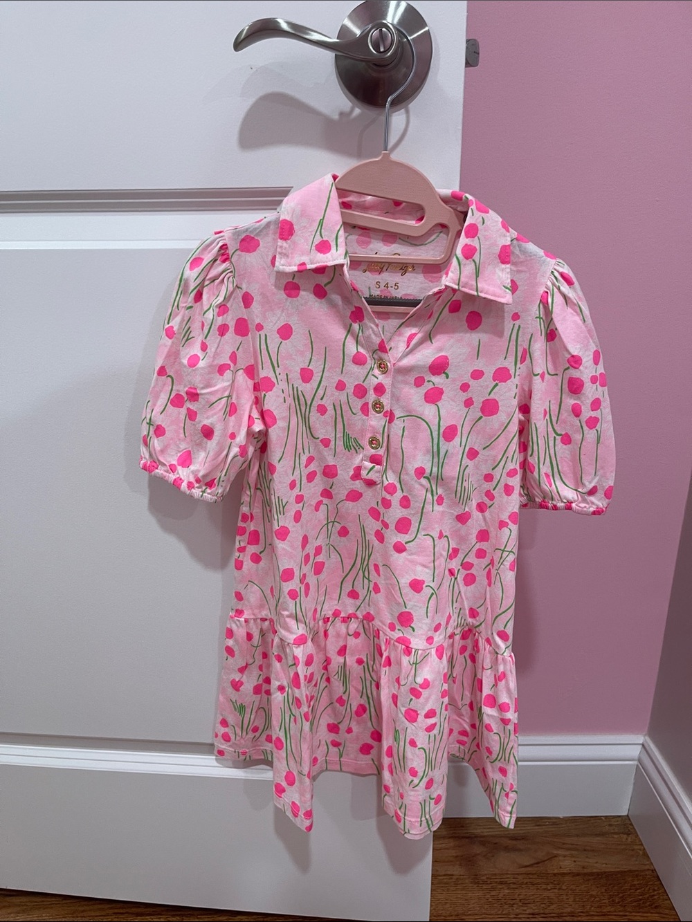 Lilly Pulitzer Pink Floral Collared Dress with Green Stem Print